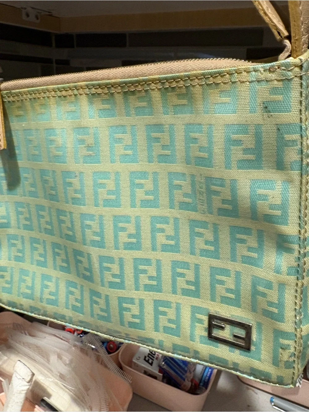 Fendi FF Zucca PVC Aqua and Tan Monogram Canvas Shoulder Bag